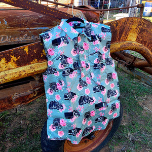 Desperado Co. Sleeveless Work Shirt Mint Trucks & Roses