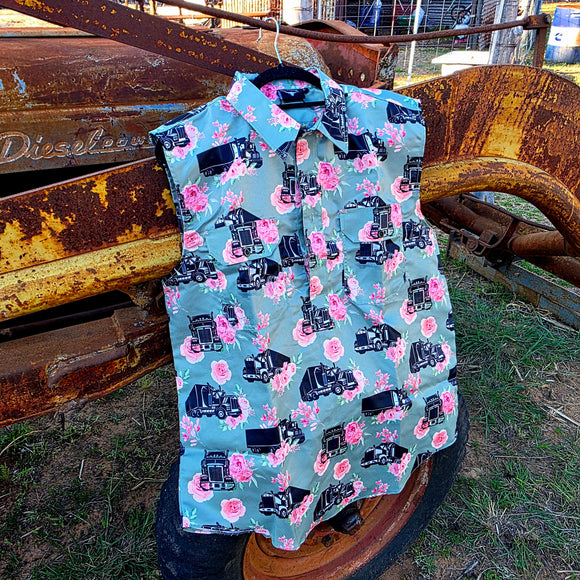 Desperado Co. Sleeveless Work Shirt Mint Trucks & Roses