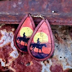 Sunset Cowboy Wooden Teardrop Earrings