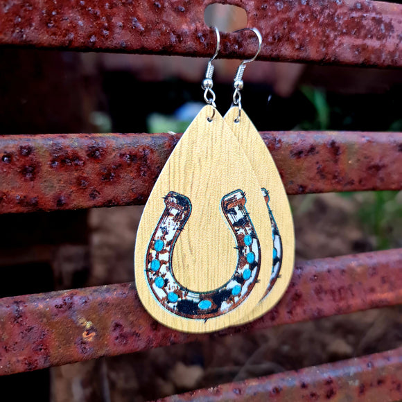 Woodgrain Horseshoe Teardrop Earrings