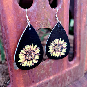 Black Sunflower Teardrop Earrings