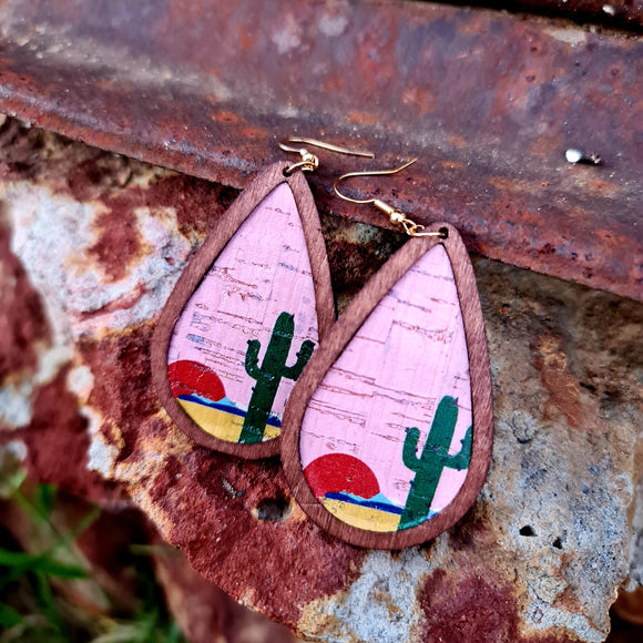 Pink Cactus Sunrise Wooden Teardrop Earrings