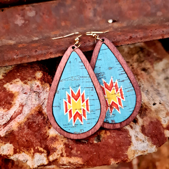 Turquoise & Red Aztec Wooden Teardrop Earrings