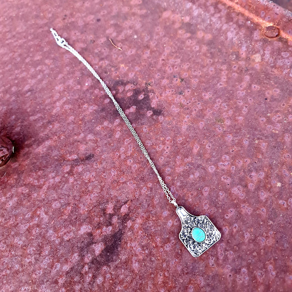 Tooled Style & Turquoise Stone Cattle Tag Necklace