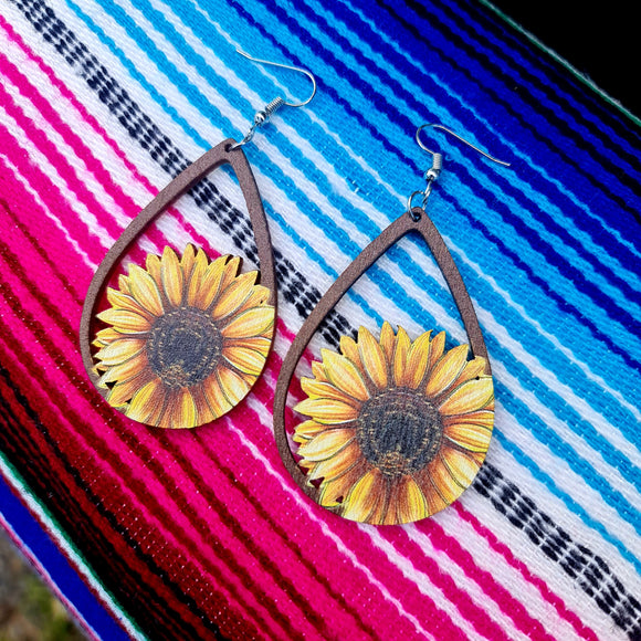 Woodcut Sunflower Teardrop Earrings