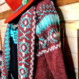 Move Over Miranda Maroon & Turquoise Aztec Long Cardigan