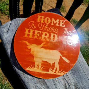 Home Is Where The Herd Is Round Wall Plaque Rusty Orange