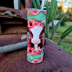 Pink Floral Aztec Calf 20oz Stainless Tumbler Cup & Straw