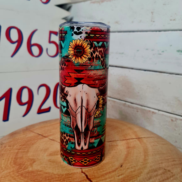 Longhorn Skull & Aztec 20oz Stainless Tumbler Cup & Straw