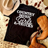 Country Music, Girls & Trucks Tee Black