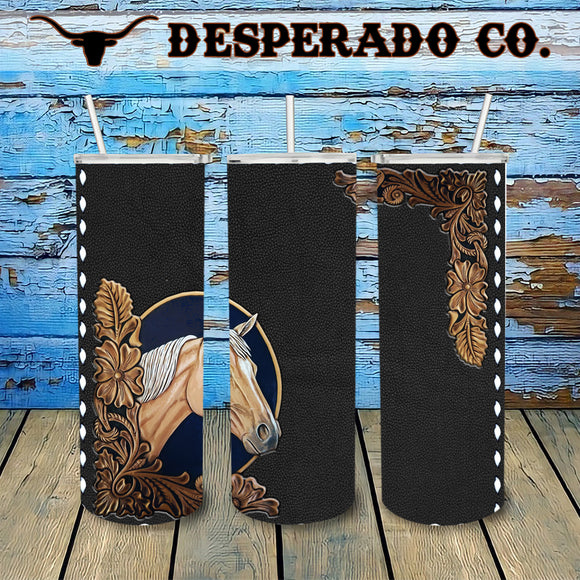 Black Leather Tooled Horse 20oz Stainless Tumbler Cup & Straw