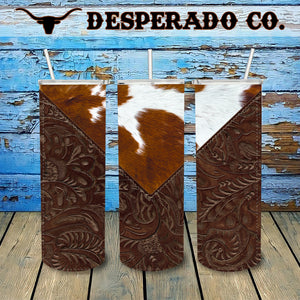 Walnut Tooled Leather & Cowhide 20oz Stainless Tumbler Cup & Straw