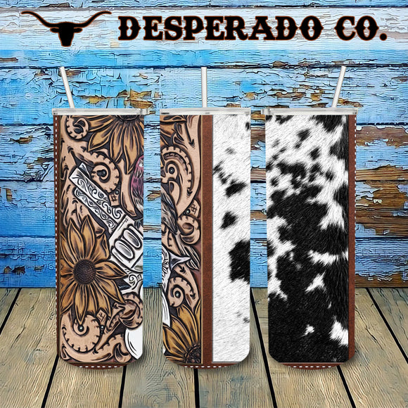 Tooled Cowhide & Guns 20oz Stainless Tumbler Cup & Straw