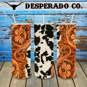Tooled Leather & Cowhide 20oz Stainless Tumbler Cup & Straw