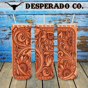 Tooled Tan Leather 20oz Stainless Tumbler Cup & Straw