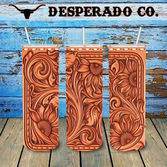Tooled Tan Leather 20oz Stainless Tumbler Cup & Straw